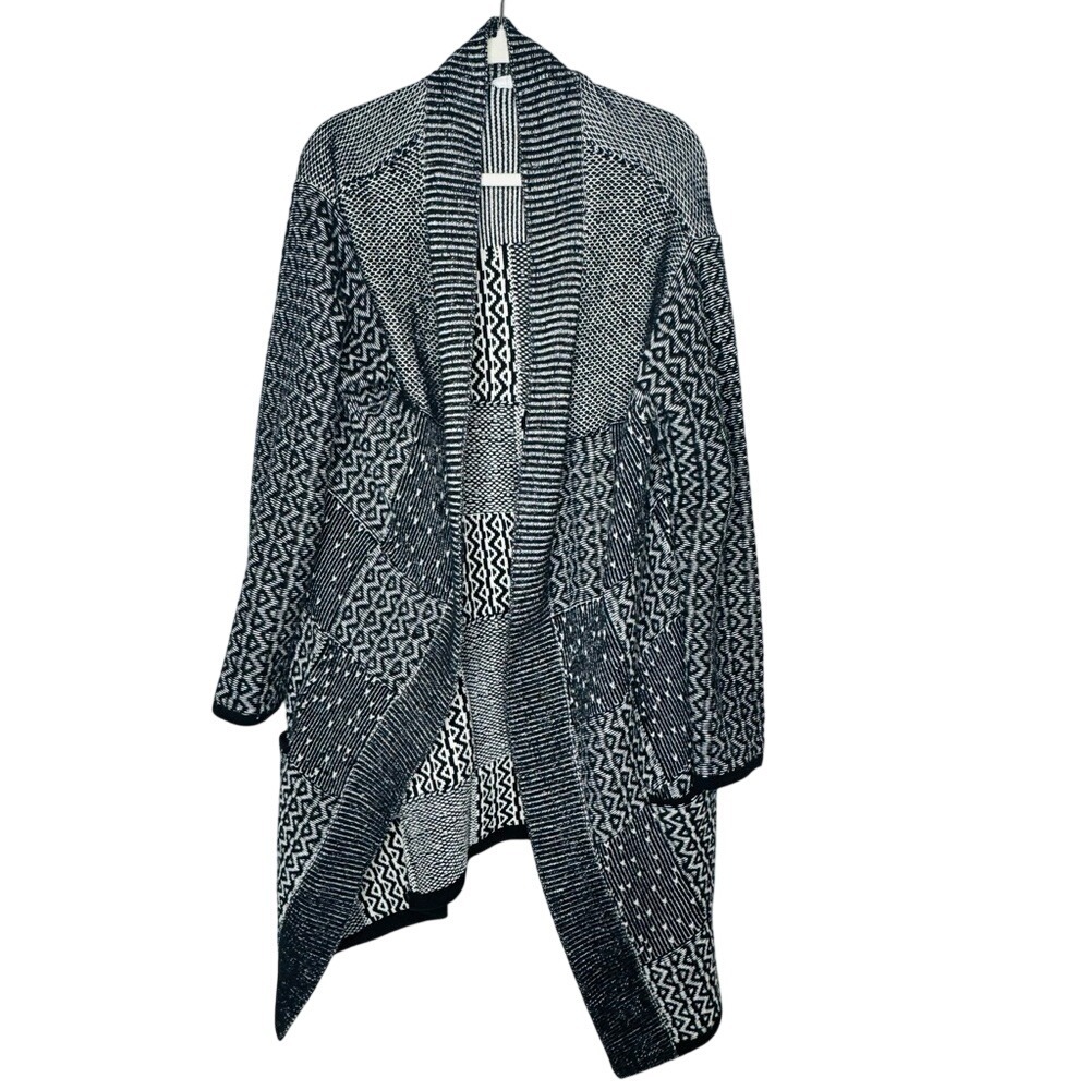 J Jill Womens Wool Blend Sweater Cardigan Sz L Longline Patchwork Aztec Office